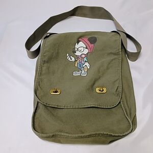 Olive Green Canvas Messenger Bag with Cartoon Print